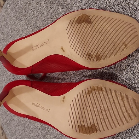 BCBGENERATION red ankle strap with mesh fabric on the side open toed high heel. - Picture 2 of 4